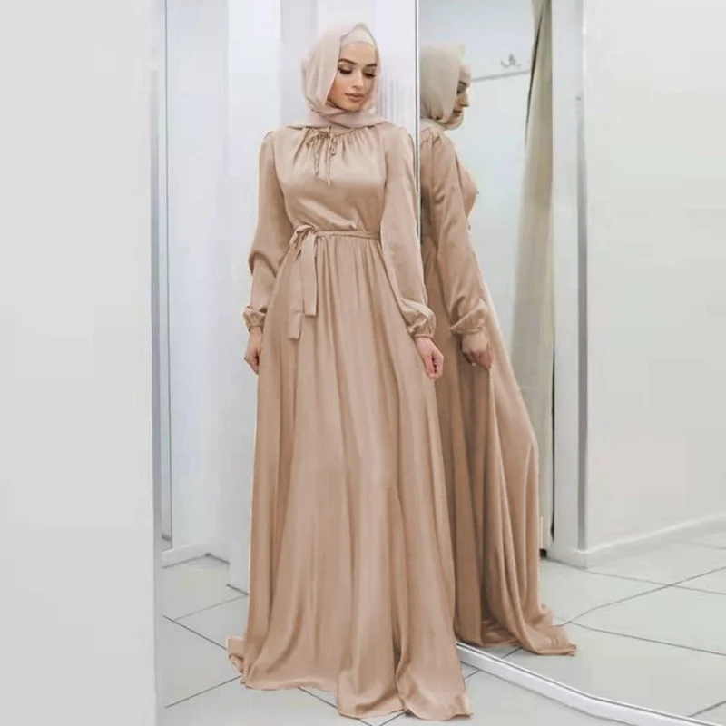 

Islam Ramadan Abaya Europe and America Soft Waist Elegant Satin Robe Femme Large Swing Women's Dress Without Headscaf