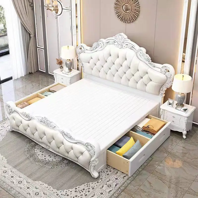 Cheap Beige European Double Bed Nordic Vintage Wood Storage European Double Bed Japanese Adults Camas De Dormitorio Furniture - view 4
