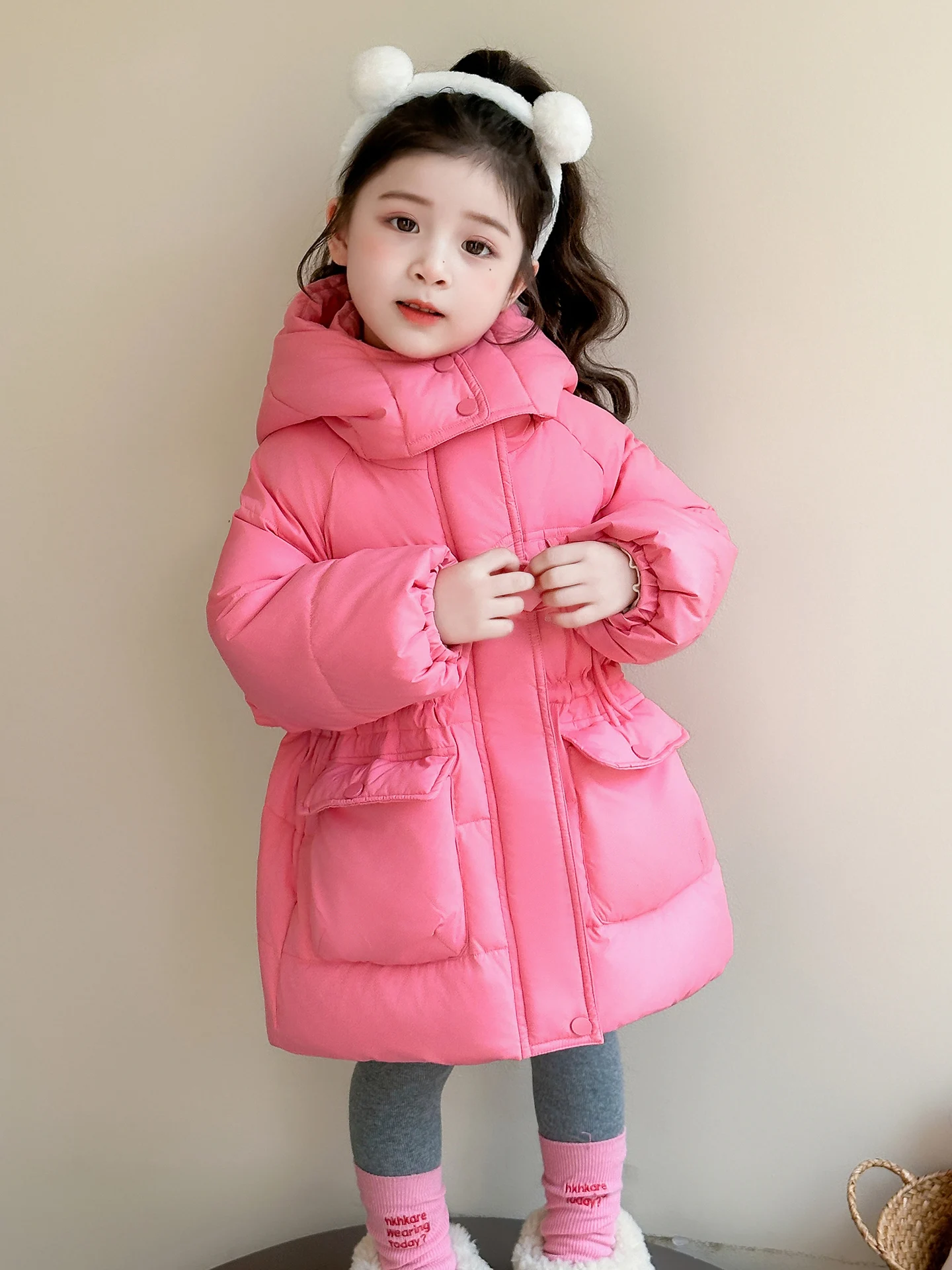

Girls' Dstring Heart Padded Jaet White Du down Mid-Length Coat Winter Outerwear for Babies Korean Sle Commute Wind