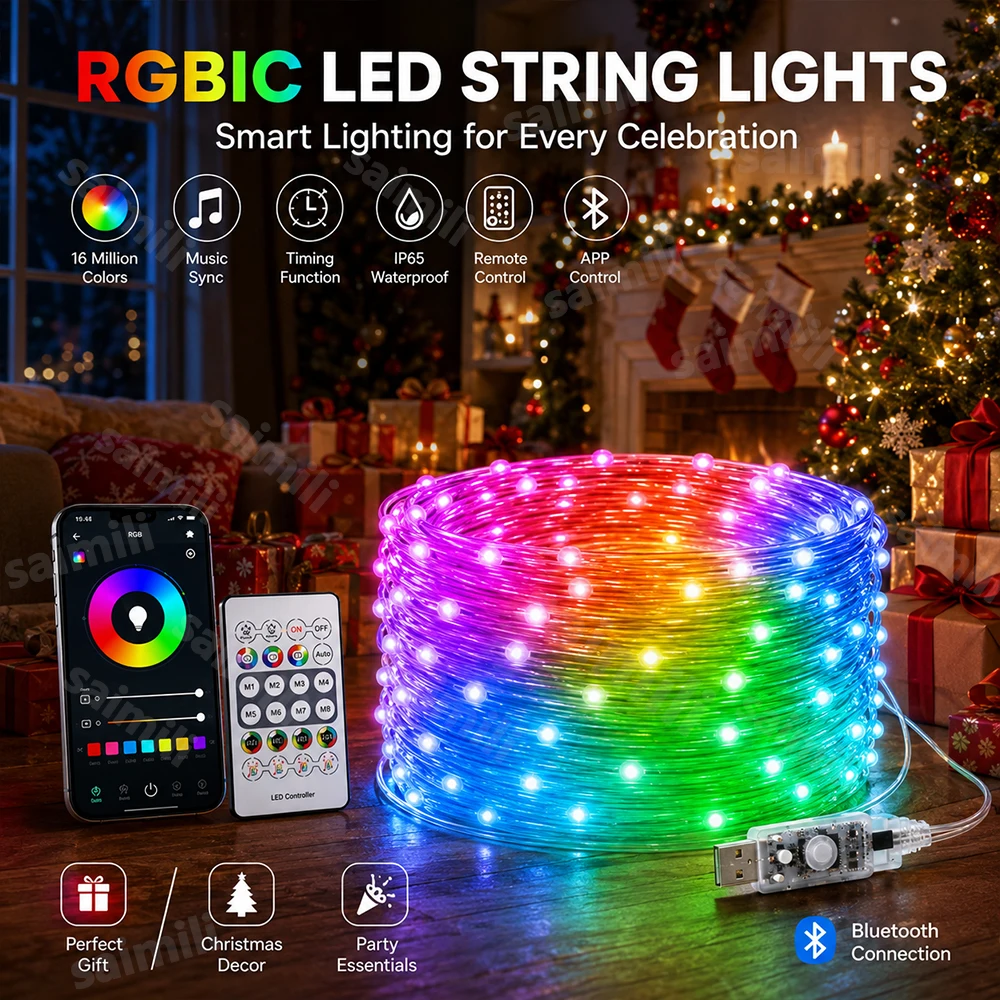 WS2812B Smart Fairy String Lights RGBIC USB 5V APP Control Music Sync Waterproof LED Garland For Holiday Party Home Decor Lamp