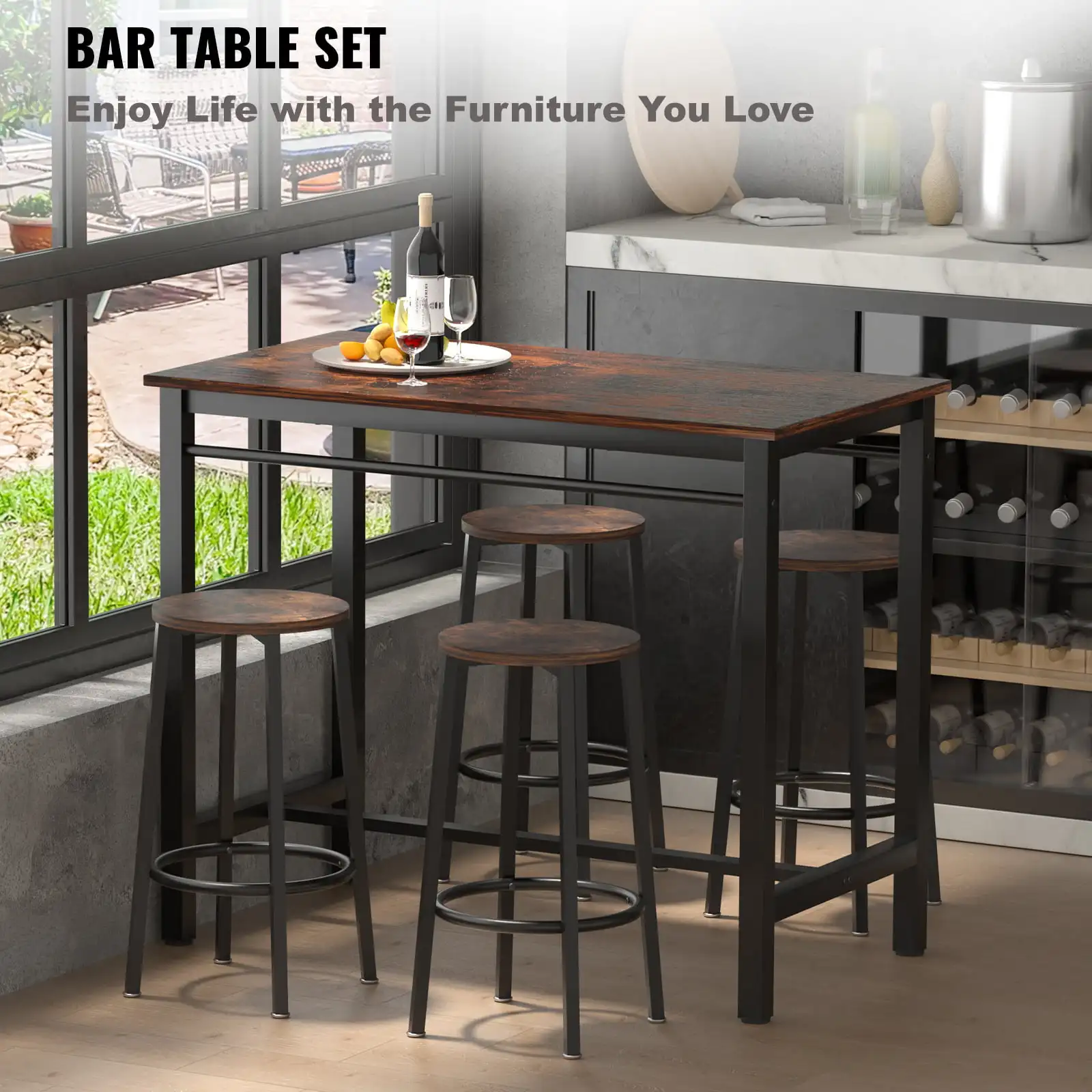 43" Bar Table and Chairs Set, Pub Table Set w/ 4 Stools, 5 Piece Counter Height Dining Sets, Rustic Brown