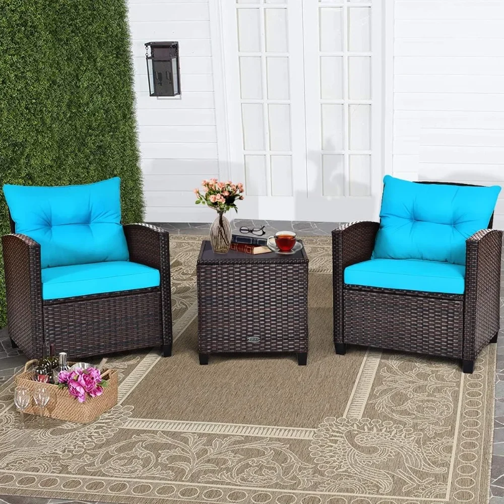 3-piece Terrace Furniture Set with 2 Cushioned Armchairs and Glass Tabletop Table, Outdoor