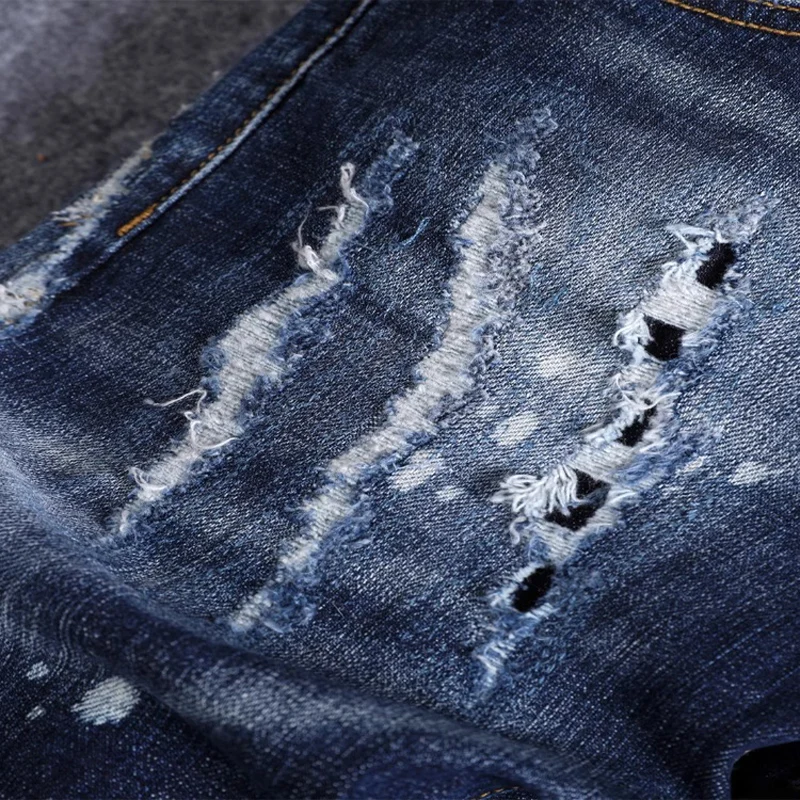 

Y2k designer's fashionable new jeans, painted, scratched, slim fit, elastic, washed, nostalgic blue jeans, high street hip-hop b