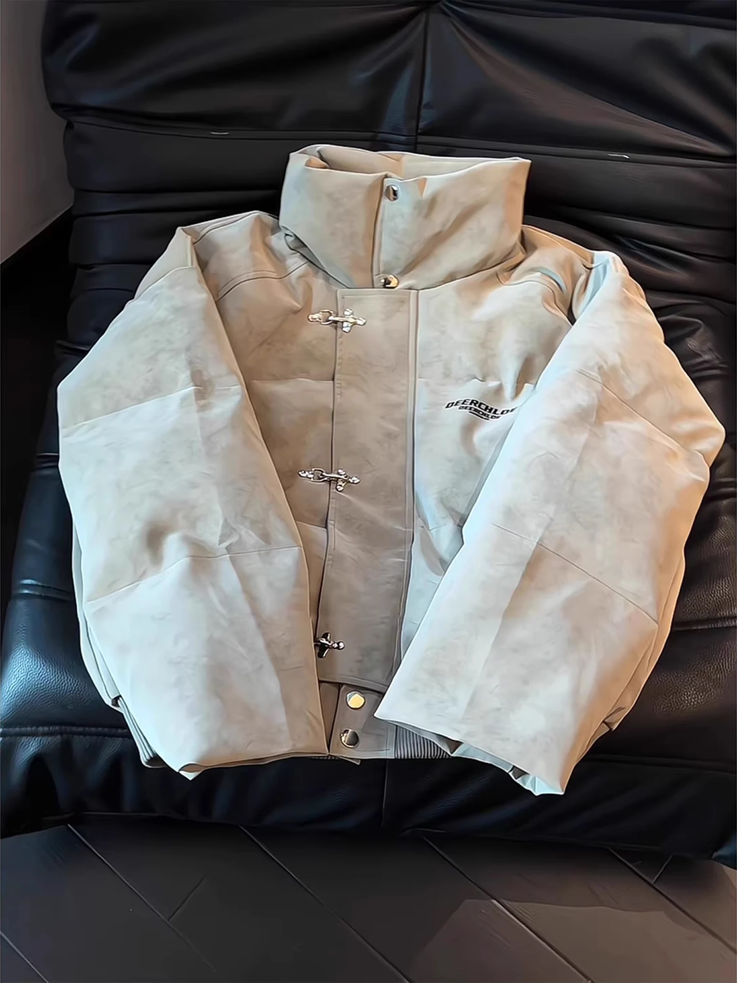 

Мужская зимняя теплая куртка из искусственной кожи с эффектом тай-дай, с воротником-стойкой, в стиле бомбер, синяя, премиум-класса, для повседневной носки