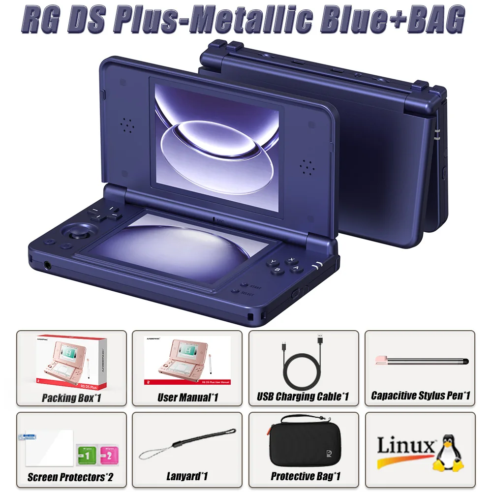 Anbernic RG DS Plus: draagbare retro-gameconsole met dubbel scherm, 4,3 inch IPS-scherm, RK3568-processor, Linux-besturingssysteem, 1 GB RAM, 16 GB TF-geheugen, WiFi, Bluetooth en een batterij van