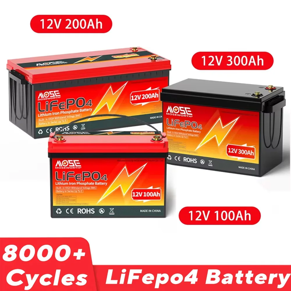 12V 100Ah 200Ah 300Ah LiFePO4 Battery 8000+ Cycles Built in BMS Rechargeable Batteries Bateria for RV Boat Camper Outdoor Solar