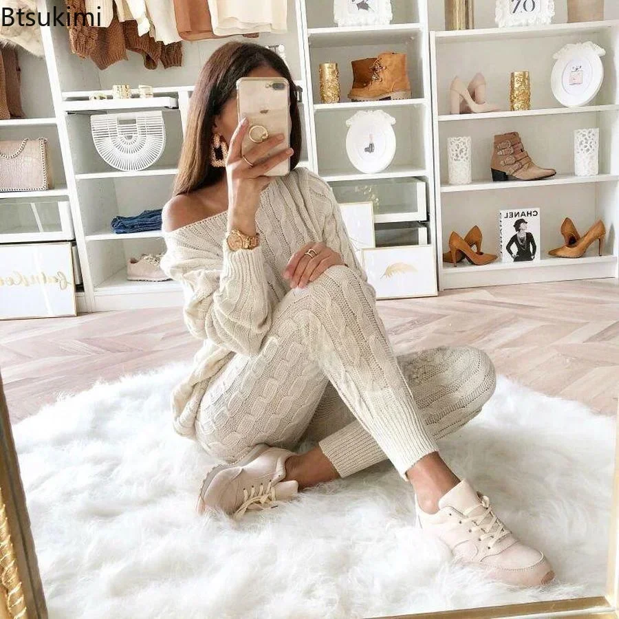 Autumn Winter Women 2 Piece Set Casual Knitted Tracksuit Sportswear Warm Sweater + Long Pants Outfits Women Autumn Wear S-5XL