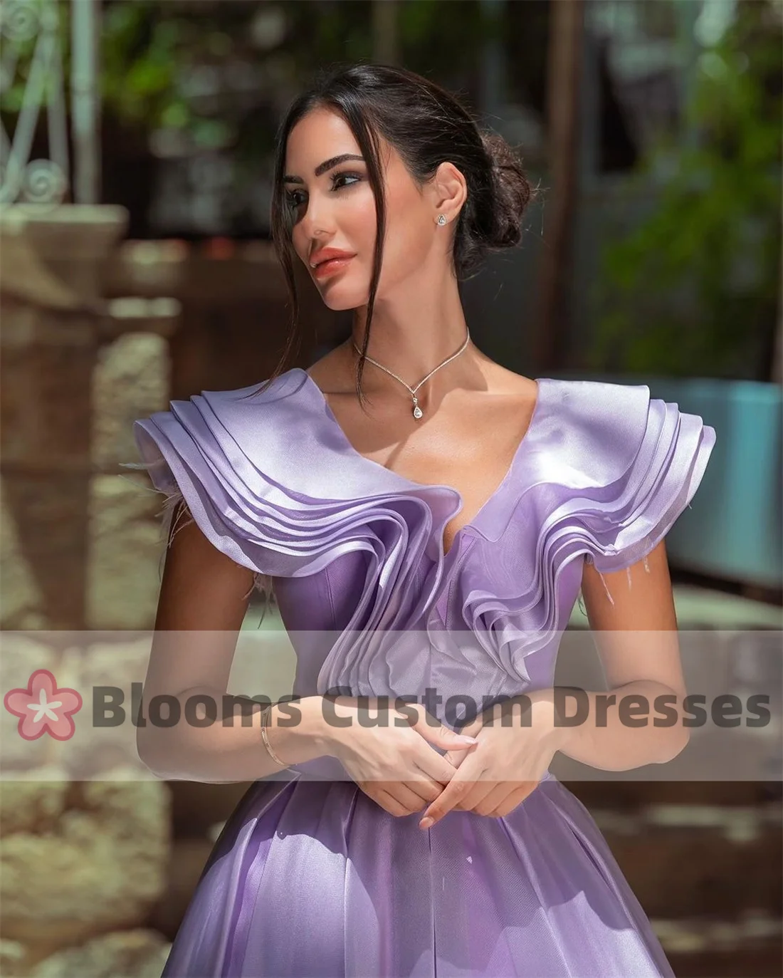 Blooms Lilac Tiered Flare Sleeves Feathers Formal Prom Dresses Customized A-Line Elegant Party Gown Evening Dress