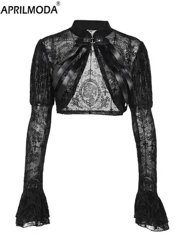 2025 Lace Gothic Black Short Steampunk Crop Jacket Flare Long Sleeve PU Leather Cosplay Vintage Shrug Women Party Bolero Coat