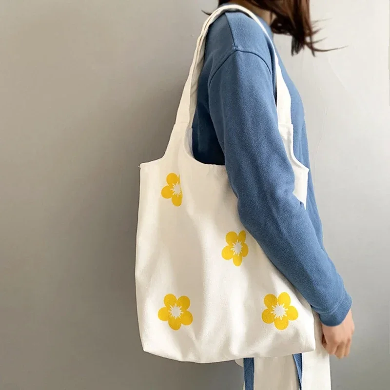 Fashion Flower Print Canva Shopper Bag Large Capacity Cotton Cloth Tote for Women Girls Shopping Bag Ladies Elegant Handbag