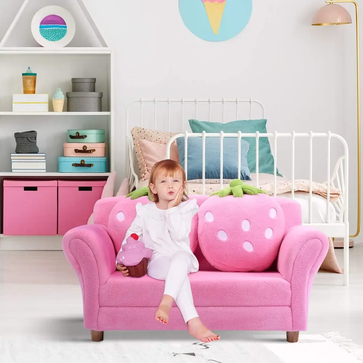 Kids Couch, Double Seat Pink Children's Sofa with 2 Strawberry Pillows, Toddler Armrest Chair for Bedroom, Living Room