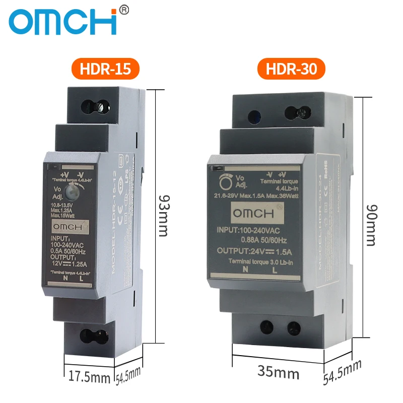 OMCH HDR 시리즈 DIN 레일 스위칭 전원 공급 장치 HDR-15 100-240VAC 15W 30W 60W 100W AC-DC 전압 5V 12V 24V 48V 0-7.1A SMPS