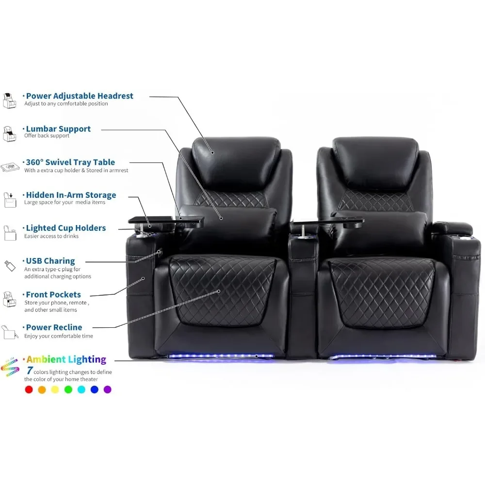 Home Theater Seating Seats, 7 Colors Ambient Lighting, Lumbar Pillow, Side Pocket, Theater Recliner Chair Sofa Theater Sofas