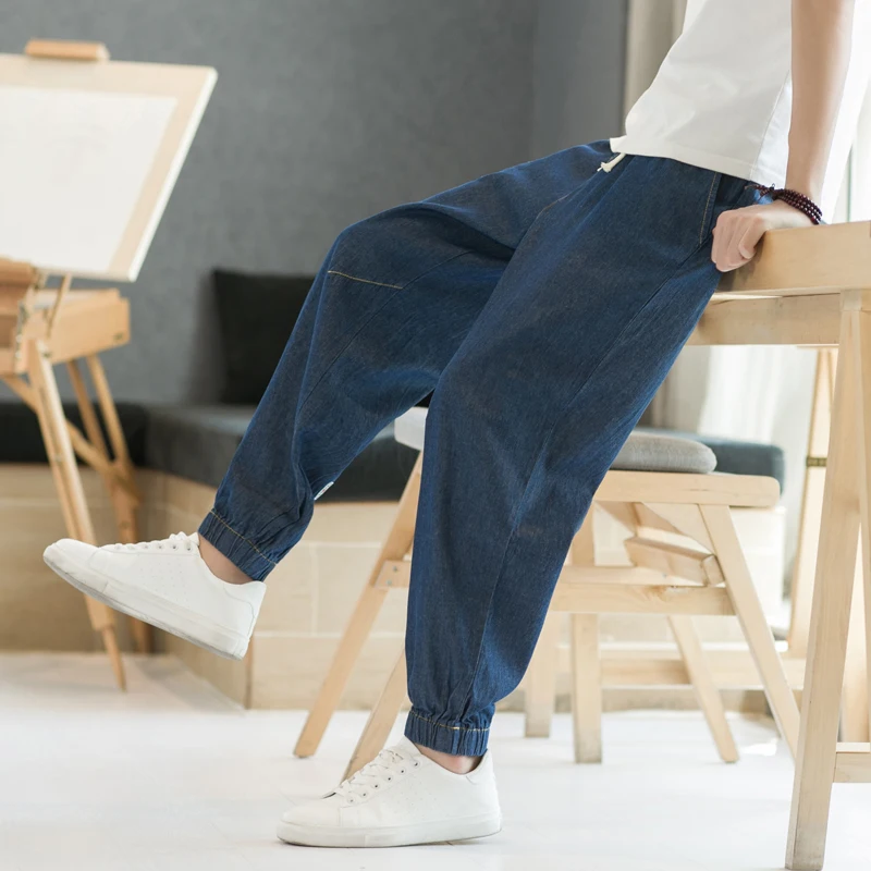 

Летние тонкие повседневные свободные мужские джинсы в стиле Харадзюку, укороченные, с отворотами, модные мужские летние брюки из денима