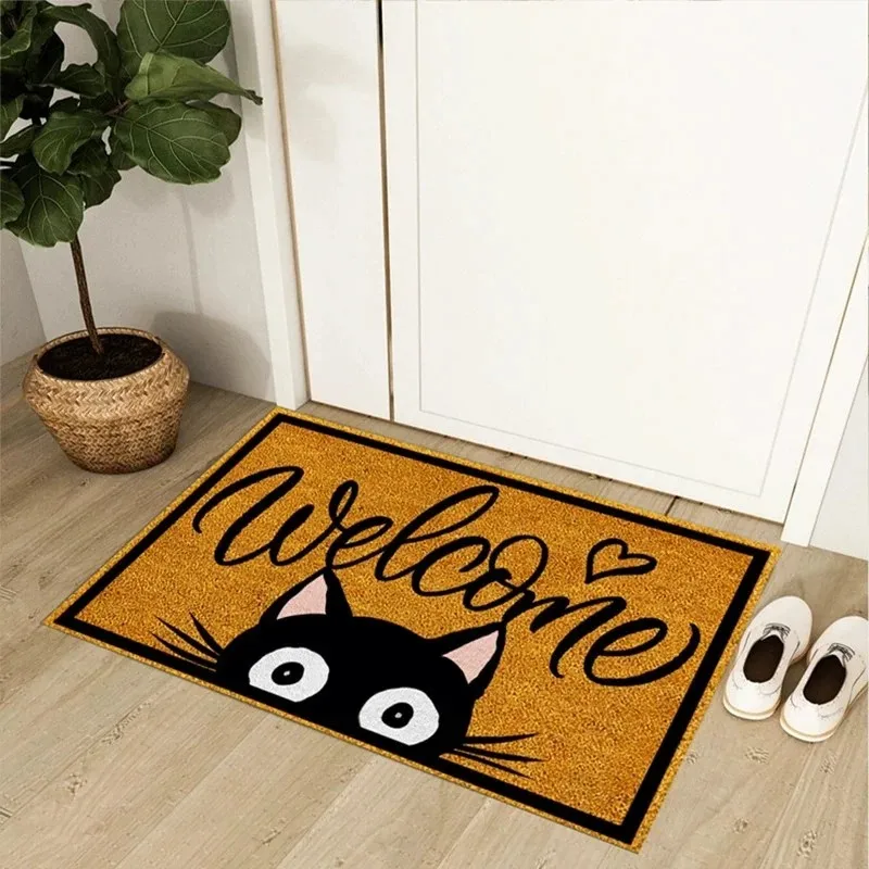 VIKAMA Couple Cats Welcome Non Slip Washable Absorbent Waterproof Door Mat Entryway Welcome Love Heart Doormat