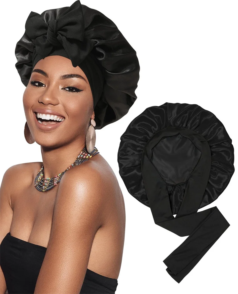 Neue Frauen Satin Solide Schlafen Hut Seidige Bonnets Mit Krawatte Bands Elastische Dusche Kappe Verstellbare Kappe Für Lockiges Haar Bonnets