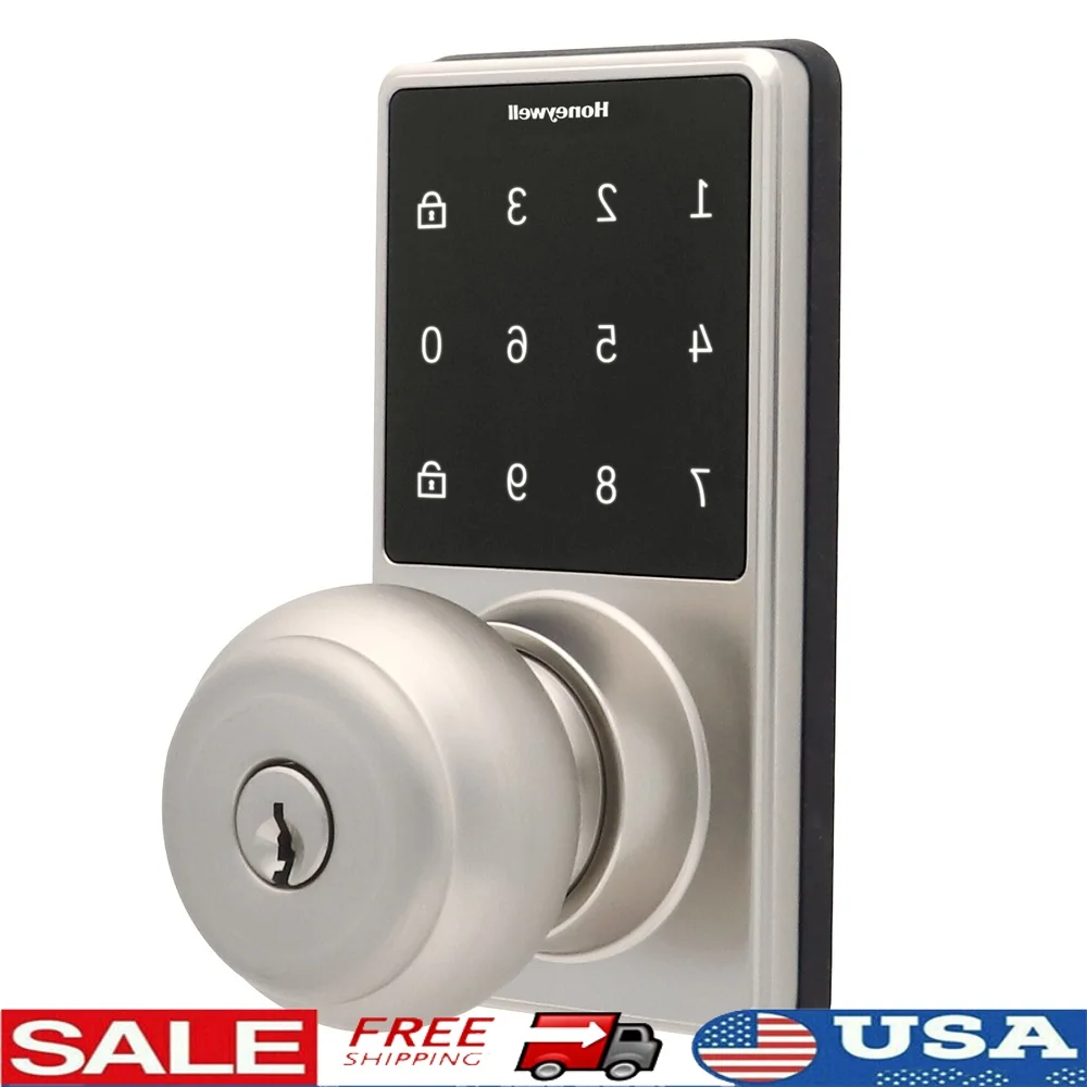 

Electronic Touchscreen Door Lock Satin Nickel Finish Keyless Entry 50 User Codes Backlit Illumination Emergency Override Key