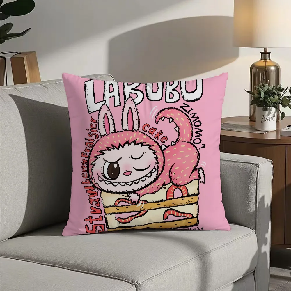 POP MART Labubu PinK Kawaii Pillow Case Double Sided Printed Cushion Cover Soft Short Plush Sofa Decorative Home Decoration