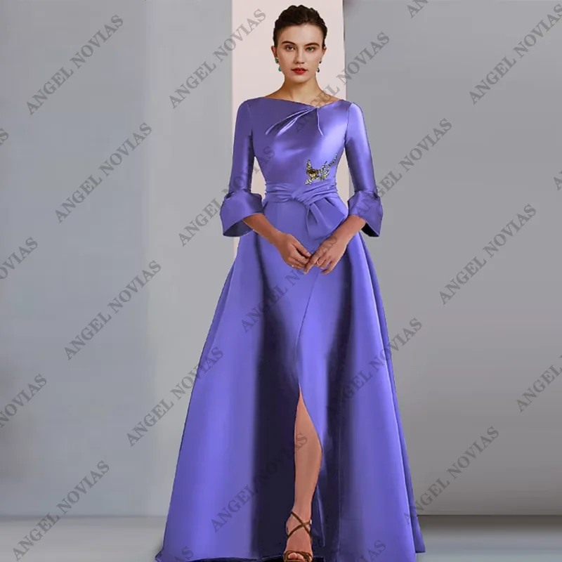 Vestido de mãe da noiva personalizado, linha a, formal, elegante, festa, decote redondo, comprimento até o chão, cetim, manga 3/4 com laço