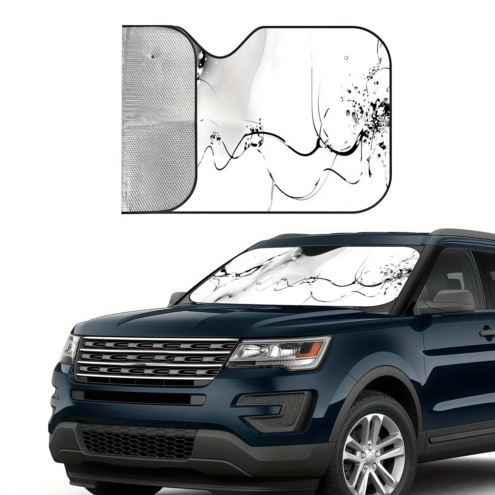 The Ink Wash Eagle Shadow Car Sunshade Features A Black And White Ink Painting Of An Eagle'S Head, Is Easy To Install, And Comes