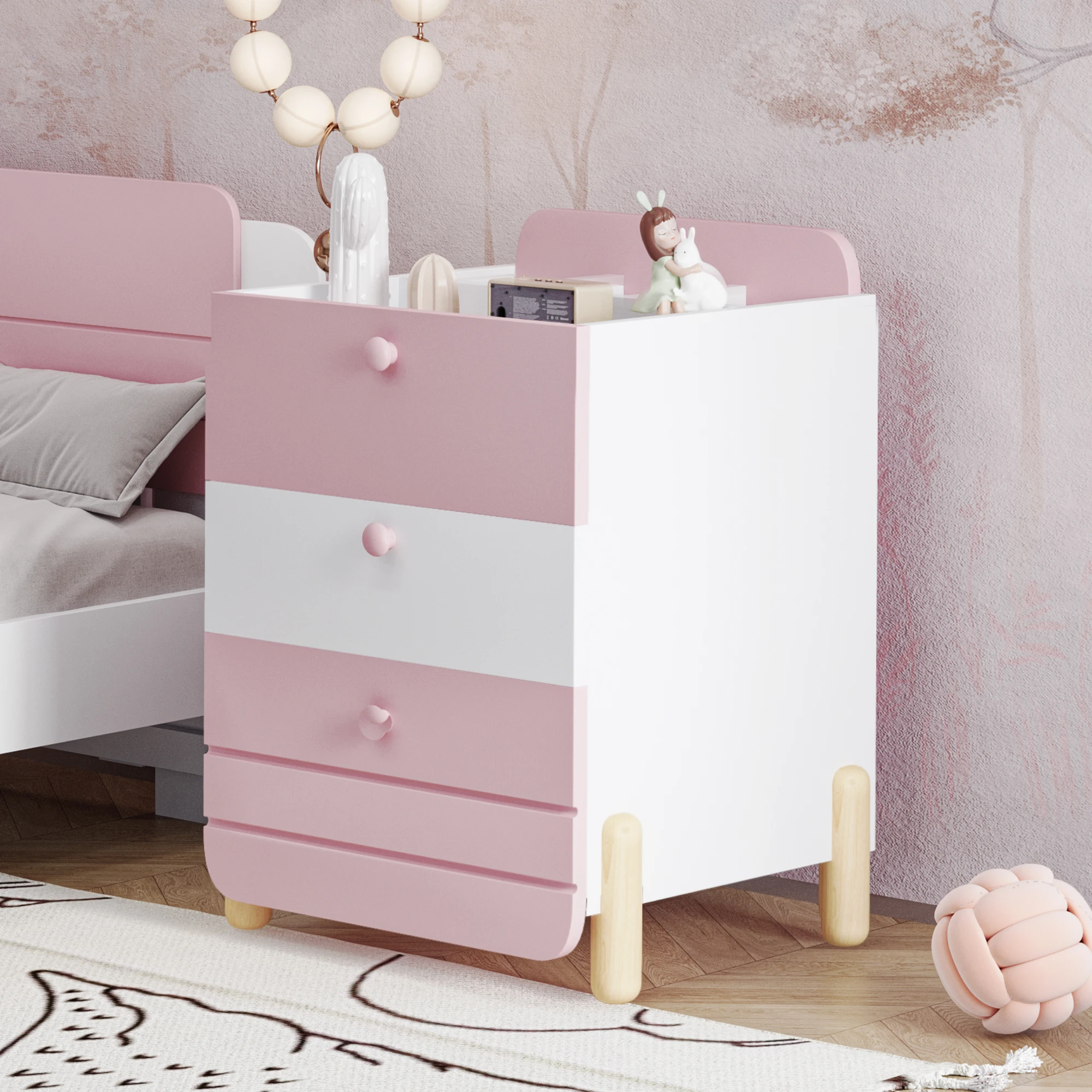 Bedside table with 3 drawers with shelves, Noiseless drawer design, Exquisite Wood-colored feet, storage space in the living room