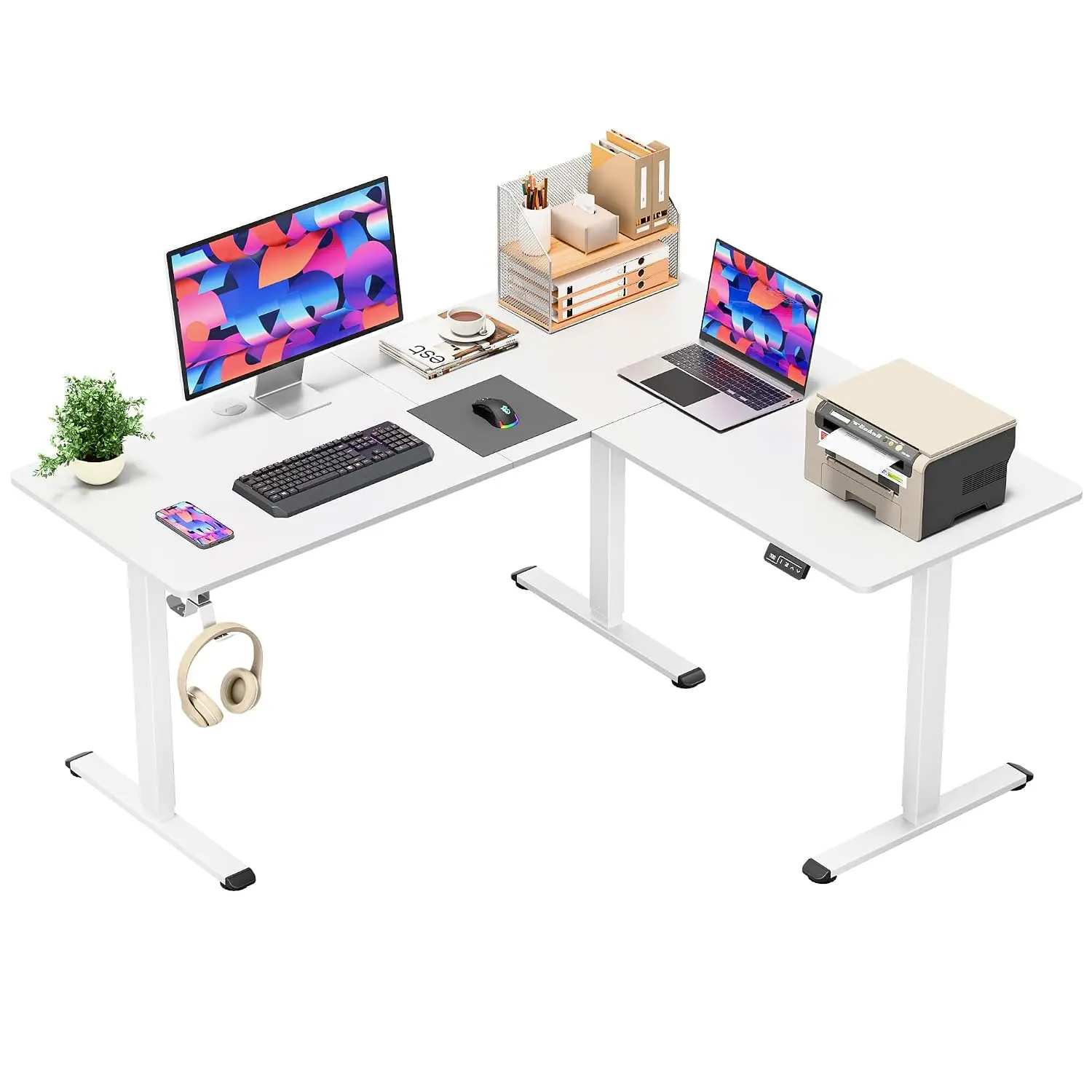 L Shaped Standing Desk Electric Height Adjustable 2 Hooks Feet Balance Corner Home Office 63x55 Inch, Customized