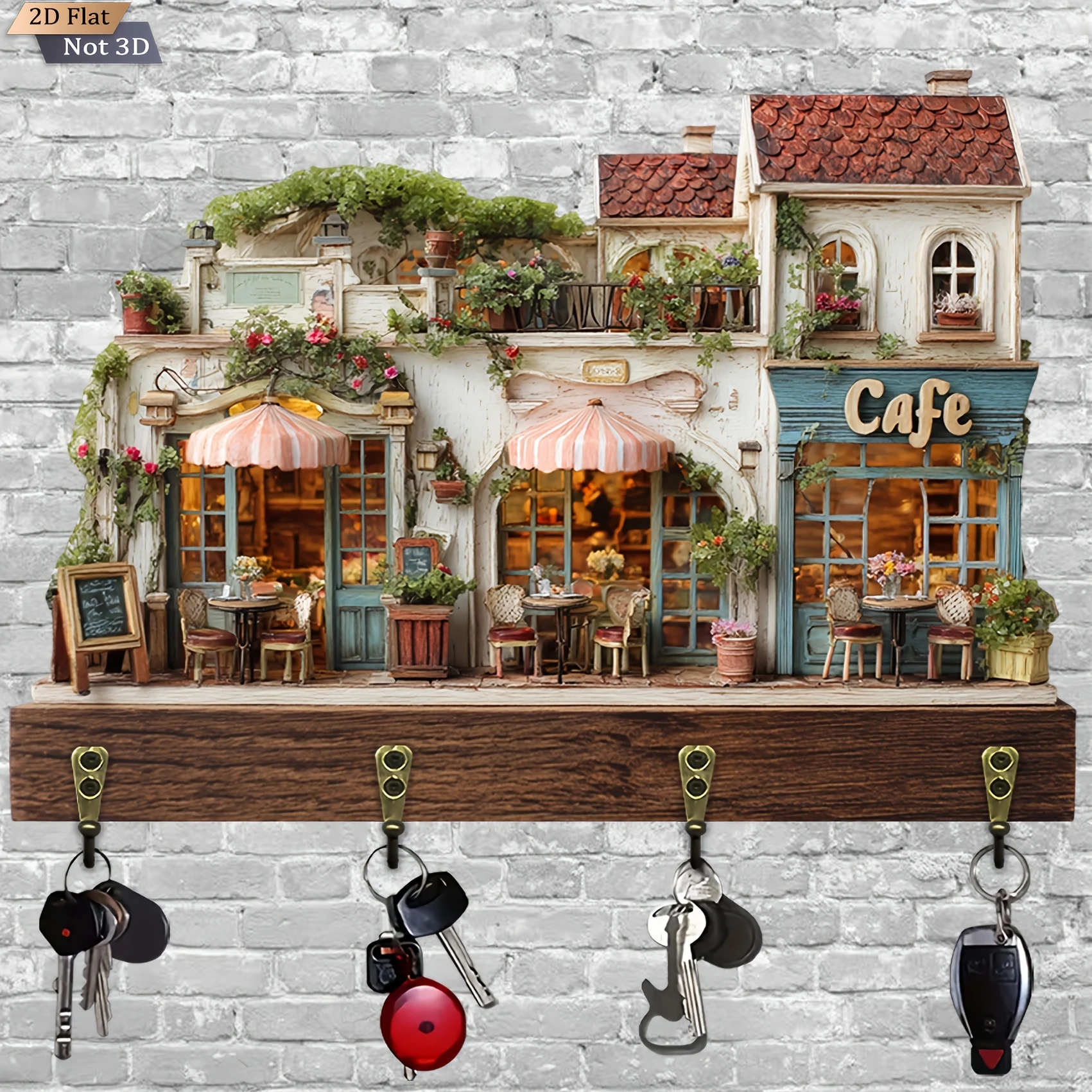 2D European-Style Coffee House Wooden Key Holder Retro Multi-Functional Hook Wall-Mounted Porch Decora New Store Opening Gift