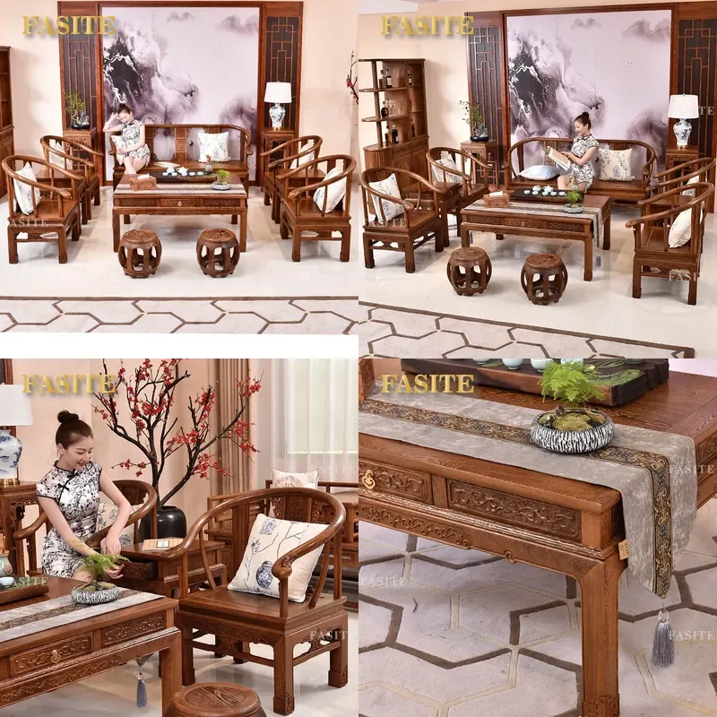 For Chinese Living Room Mahogany Chicken Wing Wood Sofa Set Leisure Chair Traditional Solid Wood Furniture Comfortable