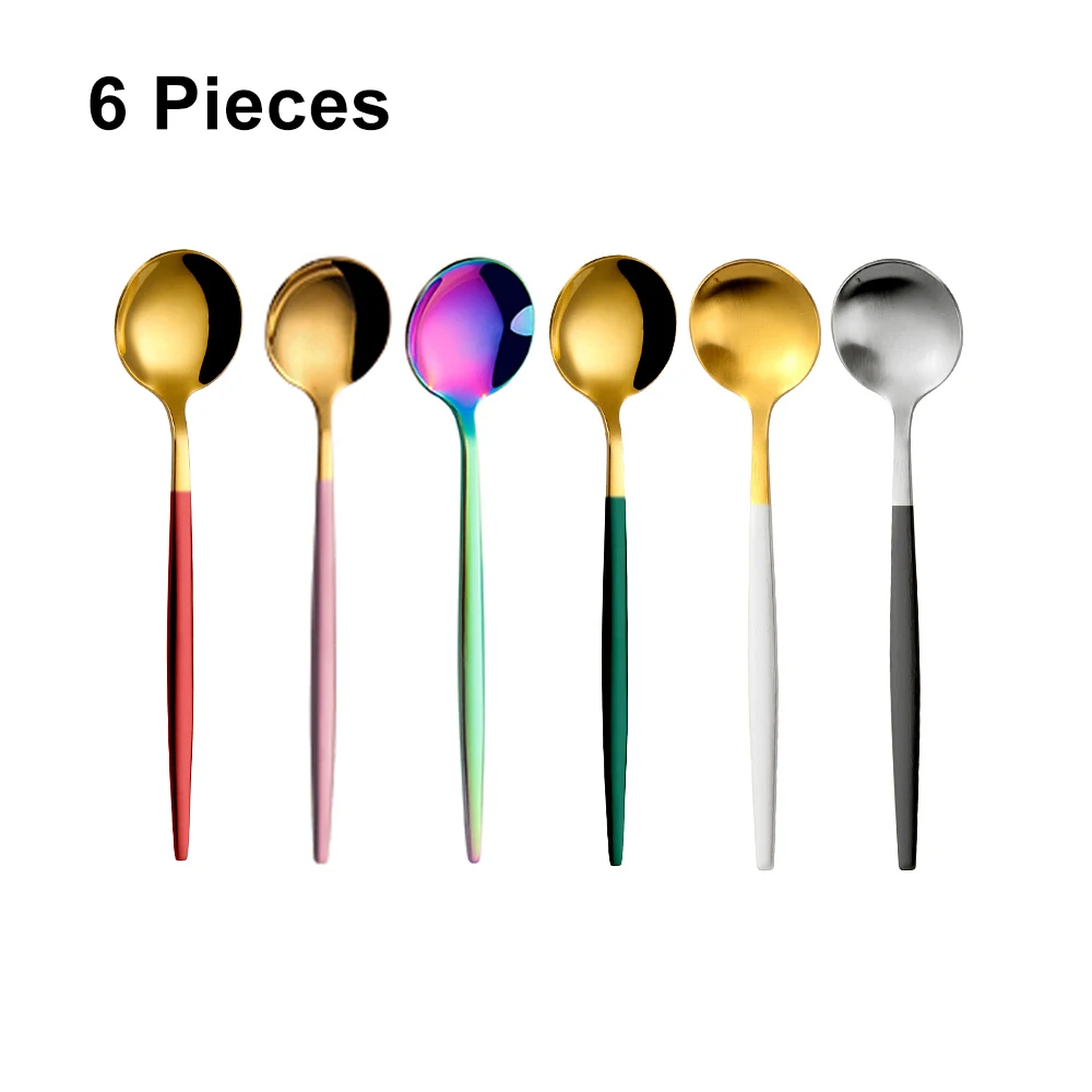 6 Pieces Stainless Steel Coffee Spoon Colorful Stiring Teaspoons Ice Cream Cake Dessert Spoon Set Sliver Tableware Party Cutlery