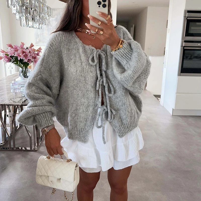 2024 Women Elegant Warm Soft Knitted Cardigan Casual Long Sleeve Solid Loose Jumpser Tops Fashion O-neck Lace-up Hollow Sweaters