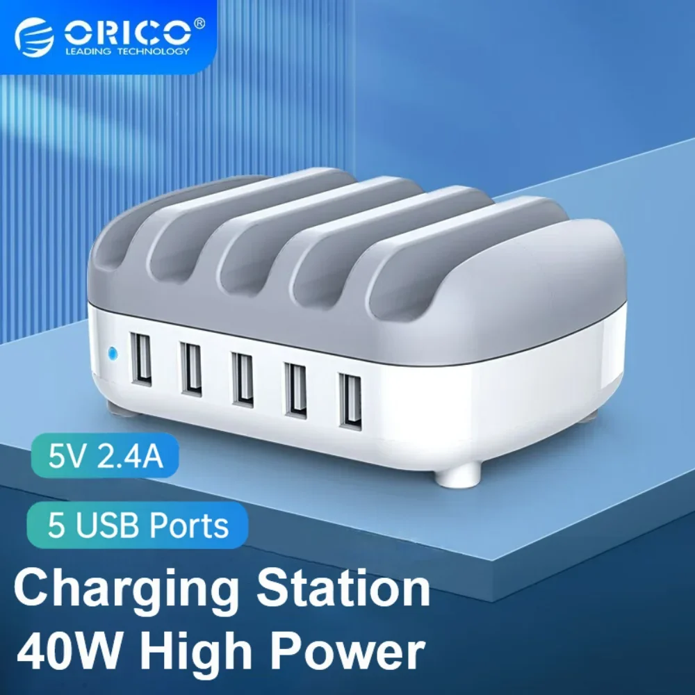 ORICO 5 Ports USB Charging Station Dock with Holder 40W 5V2.4A USB Multi-port Fast Charger Free Data Cable for iPhone PC Tablet