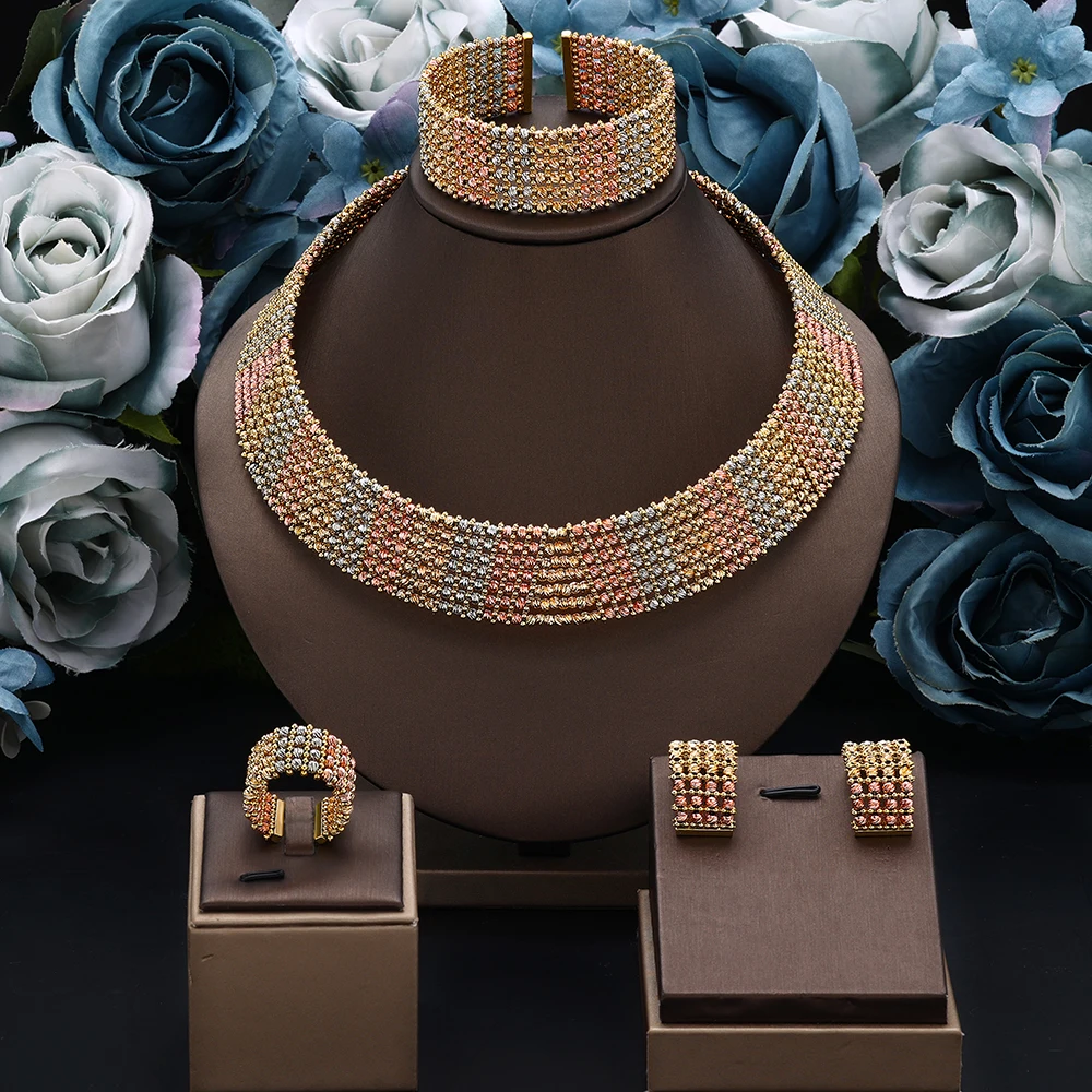 

Dubai Wedding Bridal Full Jewelry Sets For Women Party Luxury Nigeria Gold Plated Beads Choker Necklace Jewelry Set