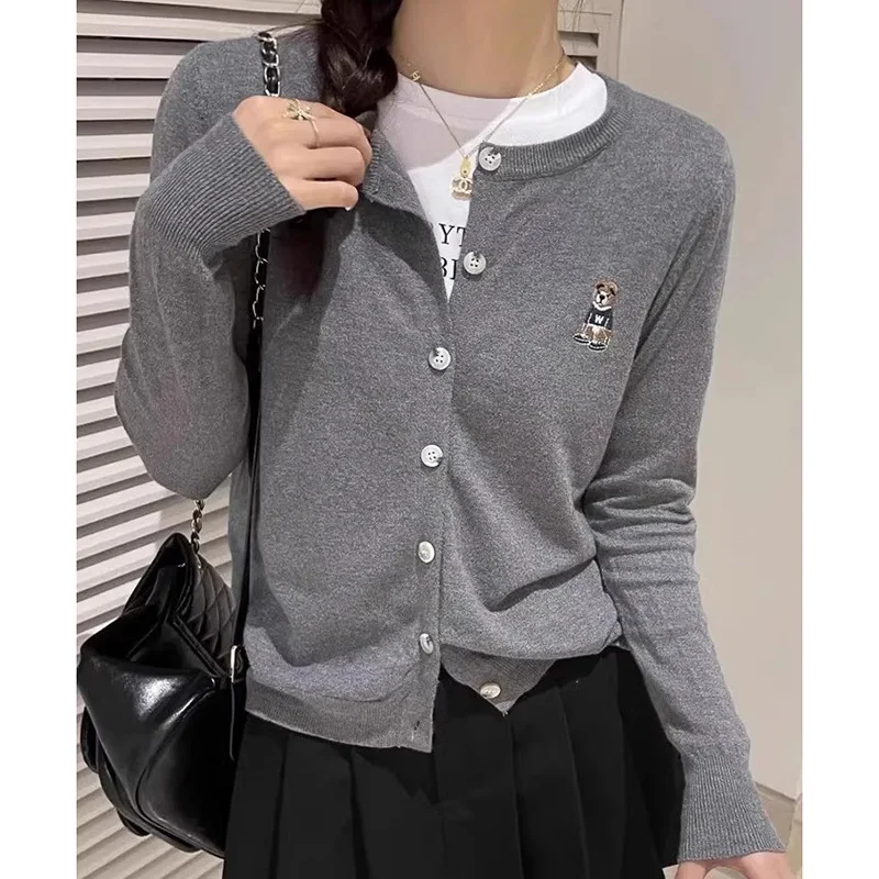 Spring Fall Embroidery Bear Cardigan Women Button O-Neck Solid Jk Sweet Knitted Sweater Skinny Simple Pretty Style Tops