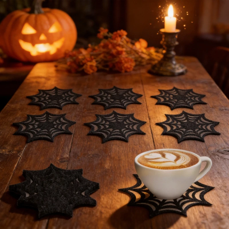 5PCS Hollow Felt Coaster With Spider Pumpkin Design Heat Insulating Non Slip Mat Halloween Party Table Ornament