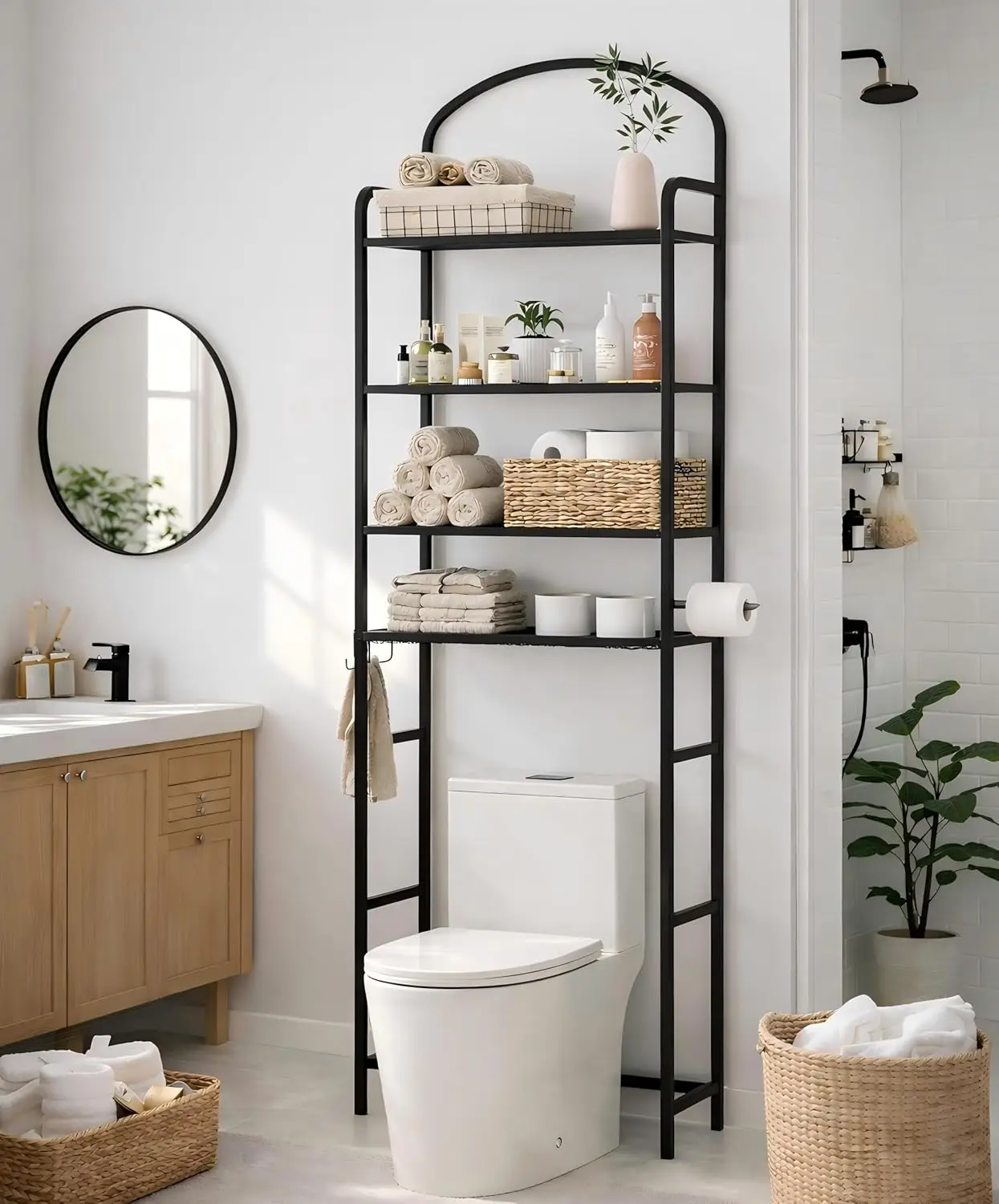 

4-ярусная полка для хранения над унитазом, органайзер для ванной комнаты, экономия места, стеллаж для хранения над унитазом с 4 крючками и держателем для бумаги, металлический.