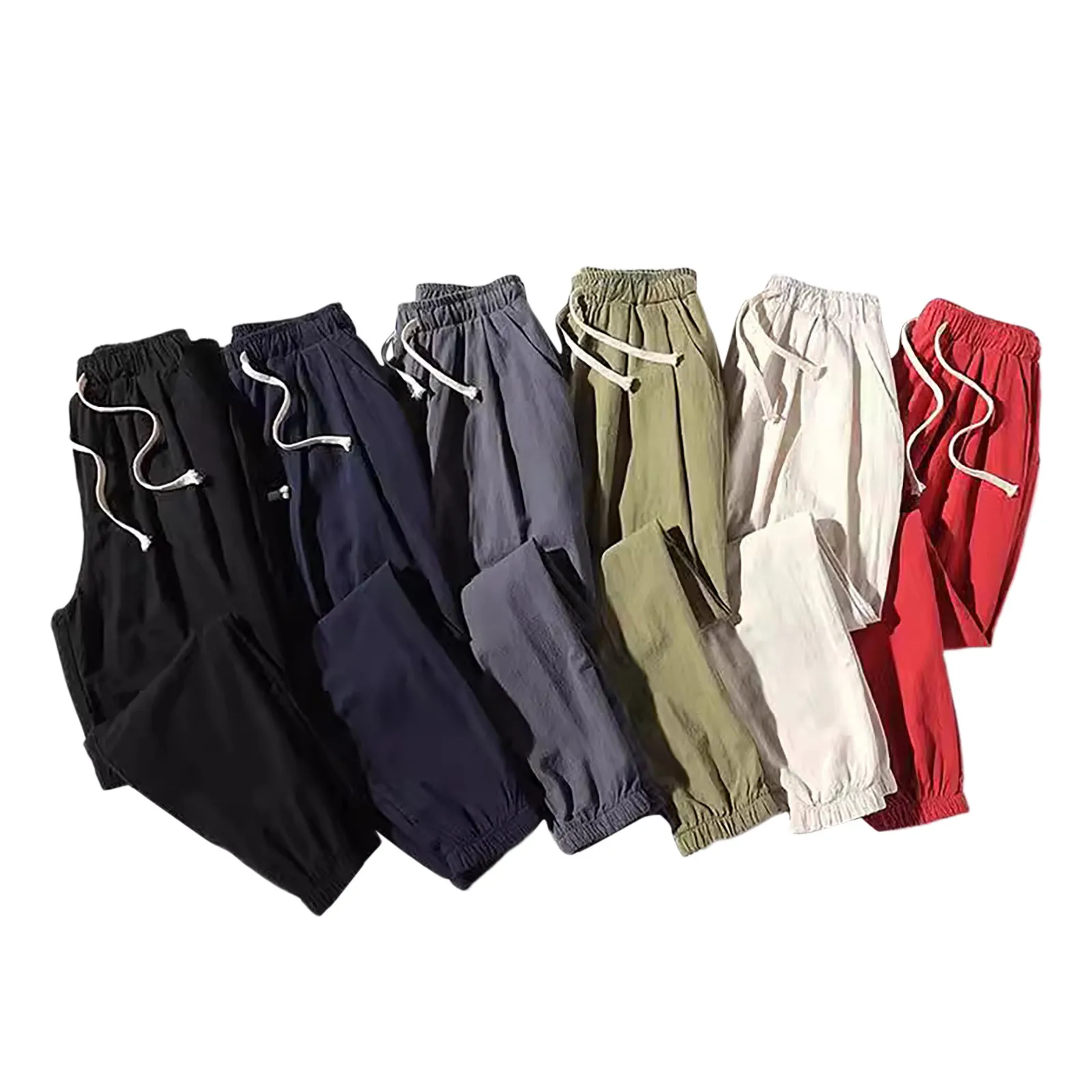 

Summer Men's Solid Color Large Size Loose Cotton Linen Nine Minute Pants Harlan Pants Casual Pants Foam