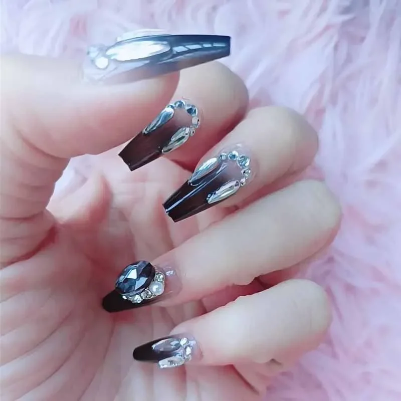 10 قطعة نمط رائع حلو الراقية الأسود التدرج اليدوية الصحافة على الأظافر كاميليا رصع الماس نمط طويل موضة مسمار التصحيح