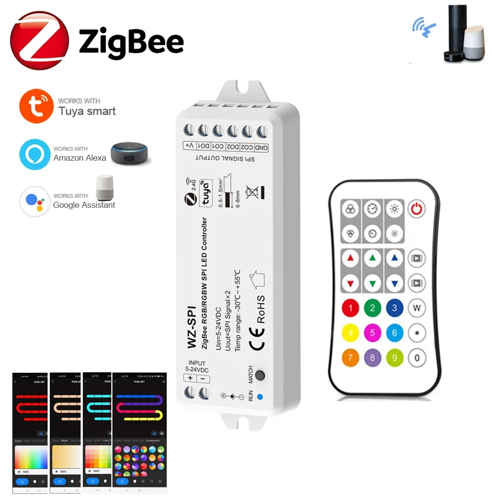 controlador led tuya zigbee spi dimmer 5v 12v 24v ws2811 ws2812b sk6812 rgb rgbw luz enderecavel app tuya para alexa google 01