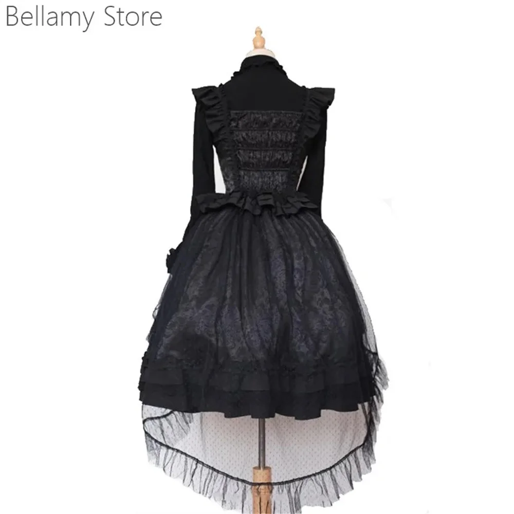 Tailored Lolita Gothic Black Long-Sleeved Shirt Plus Pleated Slip Dress Set