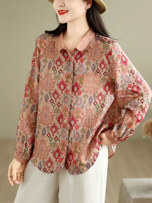 New 2026 Autumn Chinese Style Printed Long Sleeve Women's Shirt Loose Fit Cotton Traditional Floral Pattern Breathable Casual...