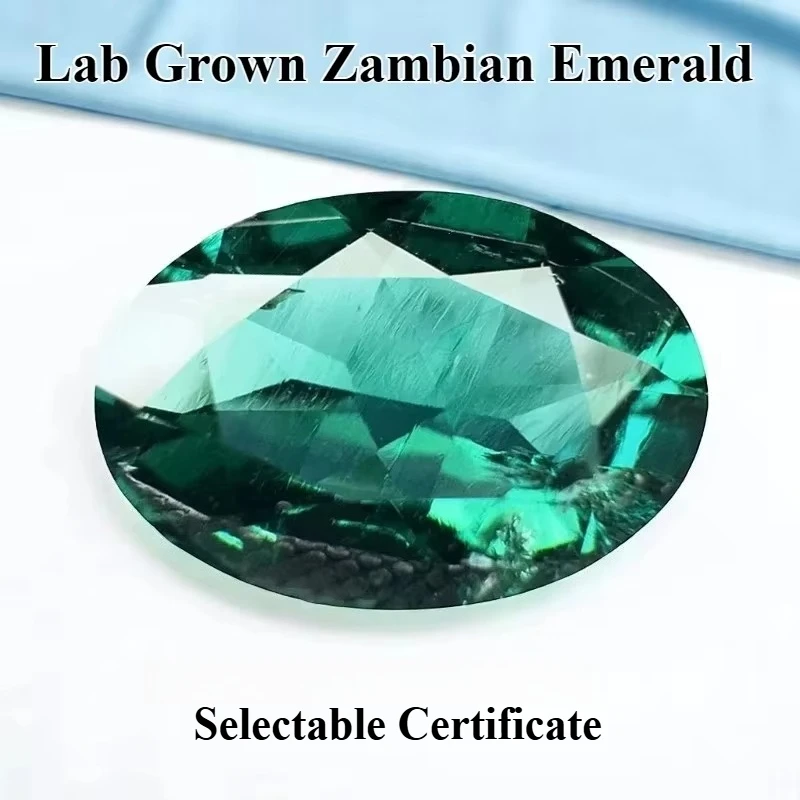 Lab Grown Zambian Emeralds Oval Cut Hydrothermal Hand Cutting with Cracks Inclusions Inside High Sparkle Selectable Certificate