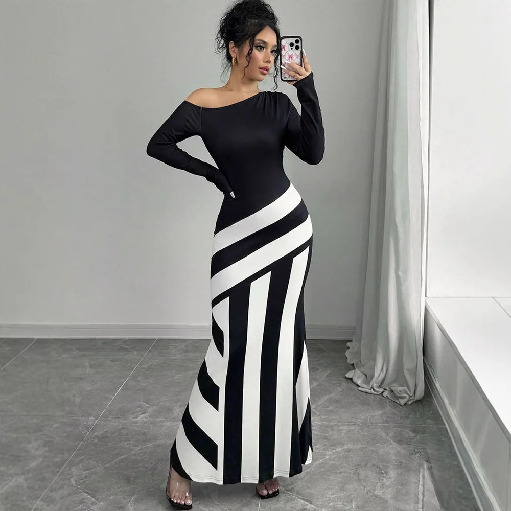 Femmes neuf-quarts manches noir et blanc impression numérique asymétrique rayure T-Shirt robe à la mode décontracté Maxi robe Robes