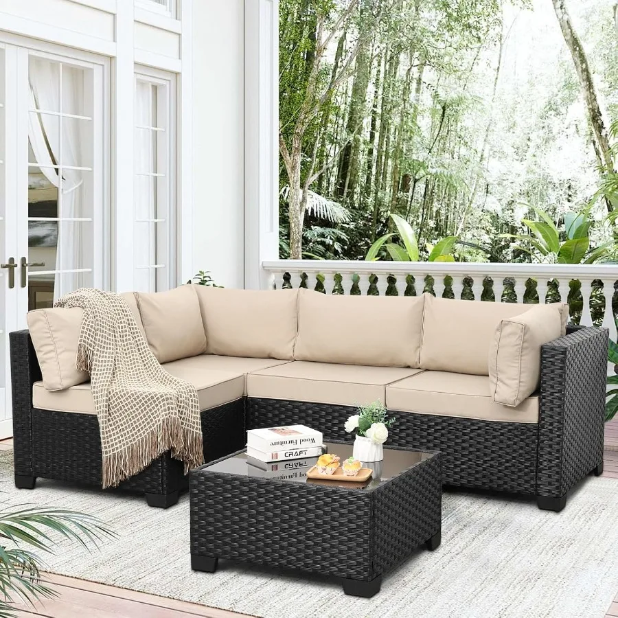 Outdoor 5 Pcs Patio Furniture Set, Black Rattan Conversation Couch Resin Wicker Sectional Sofa Outside Chair with, Cushion