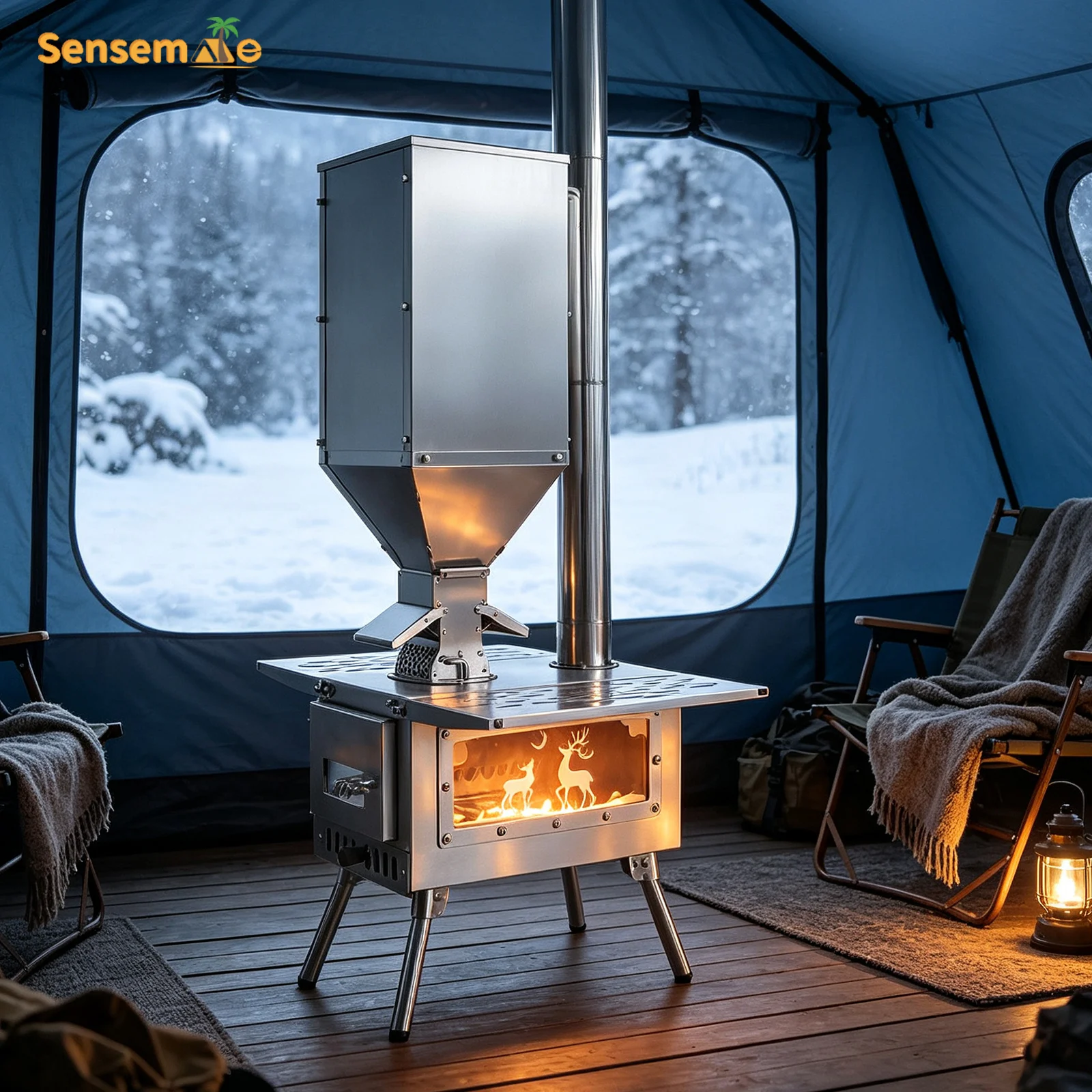 Portable Wood Stove with Gravity Fed Pellet Burner Chimney Pipe Wood Burning Tent Stove for Camping Outdoor RV Heating Cooking
