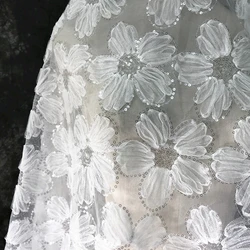 3D texture big flower sequin embroidery fabric wedding dress garment shiny light perspective designer fabric