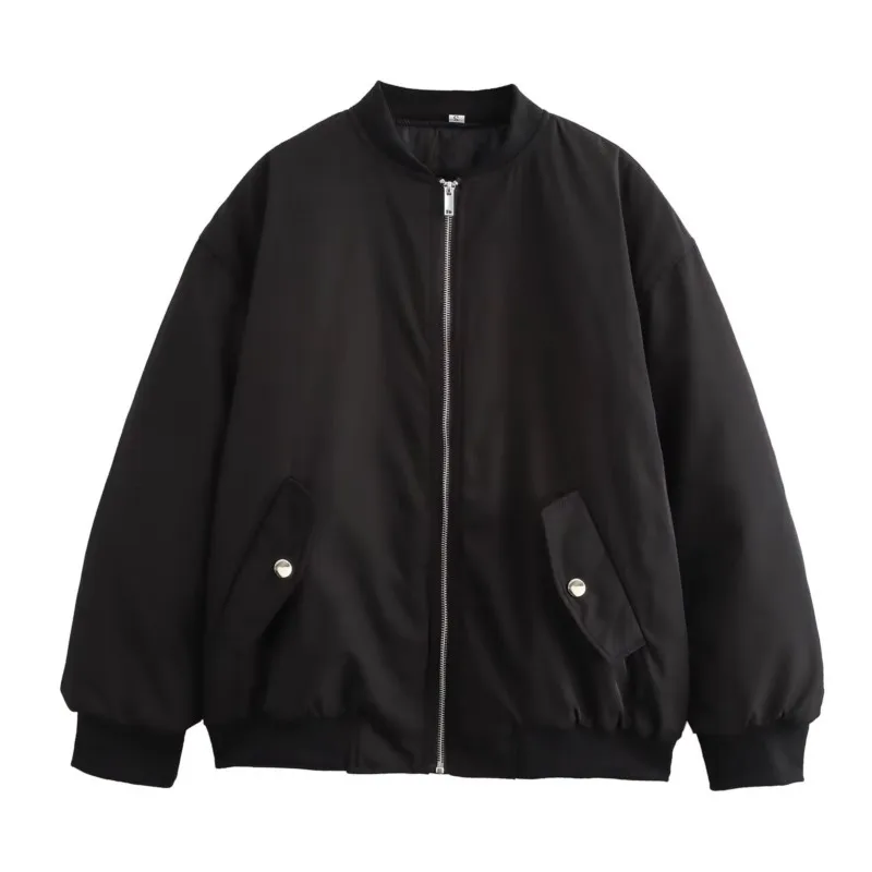 

Women Wrinkled Baseball Jacket Cotton Jackets Autumn Winter Loose Zipper Long Sleeved Top Casual Fashion Female Coats