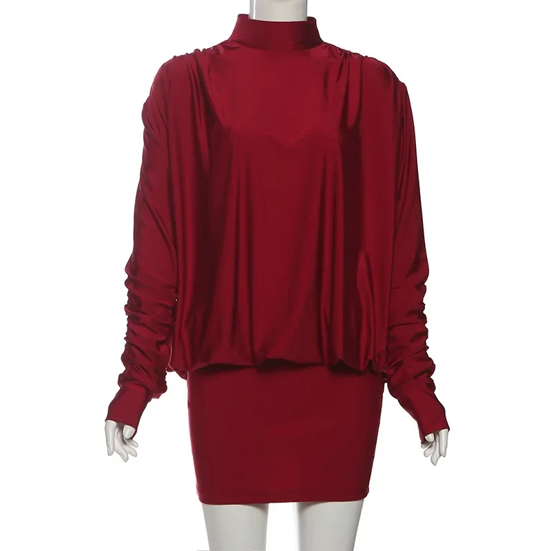 Sukienka mini bez pleców, obcisła, damska, modna, seksowna, z golfem, długi rękaw, marszczona, w stylu hipster, na urodziny, imprezę, do klubu nocnego, streetwear