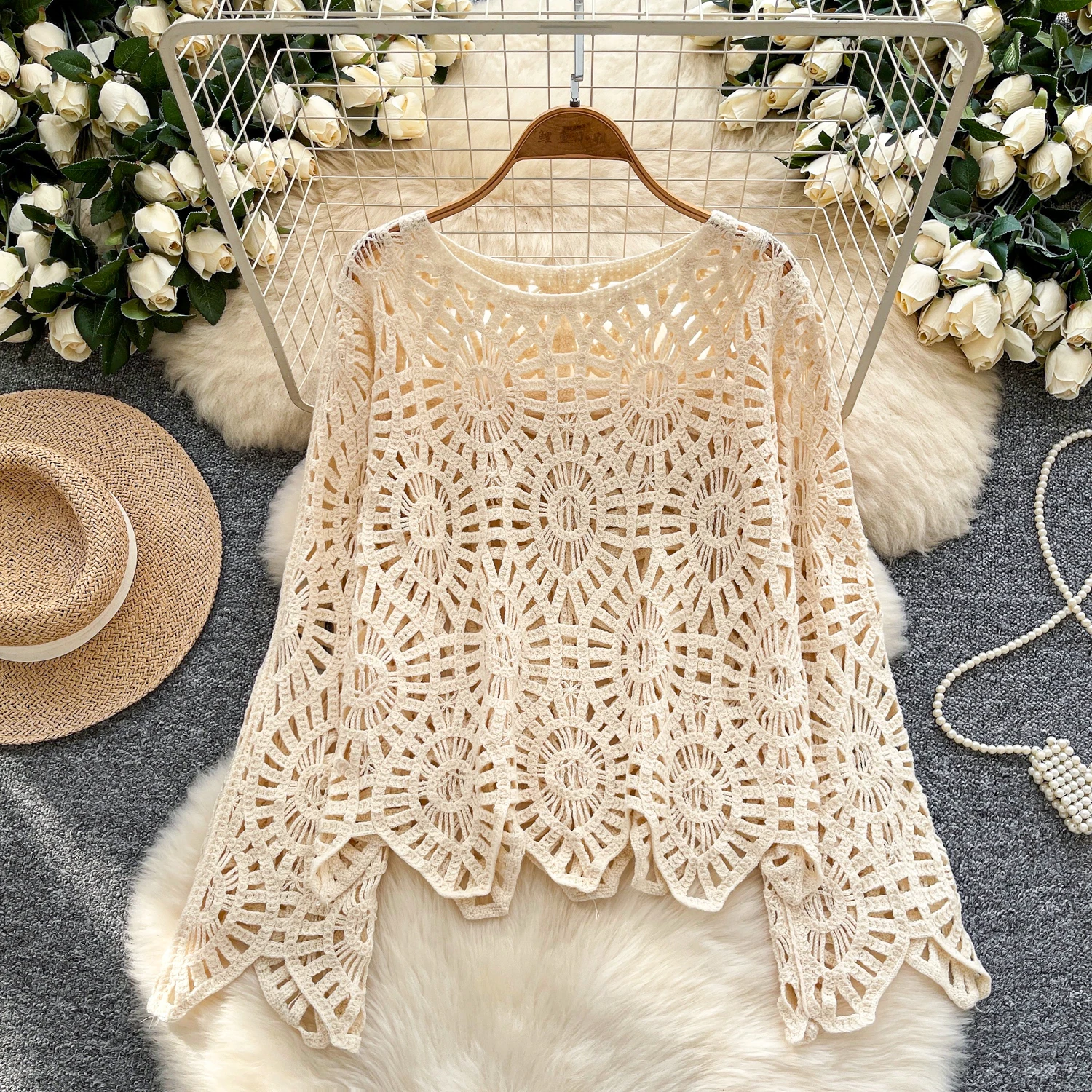 

Bohemian Hollow Crochet Knitted Tops For Women 2025 Autumn Loose Vacation Irregular Beach Cover-up Tops