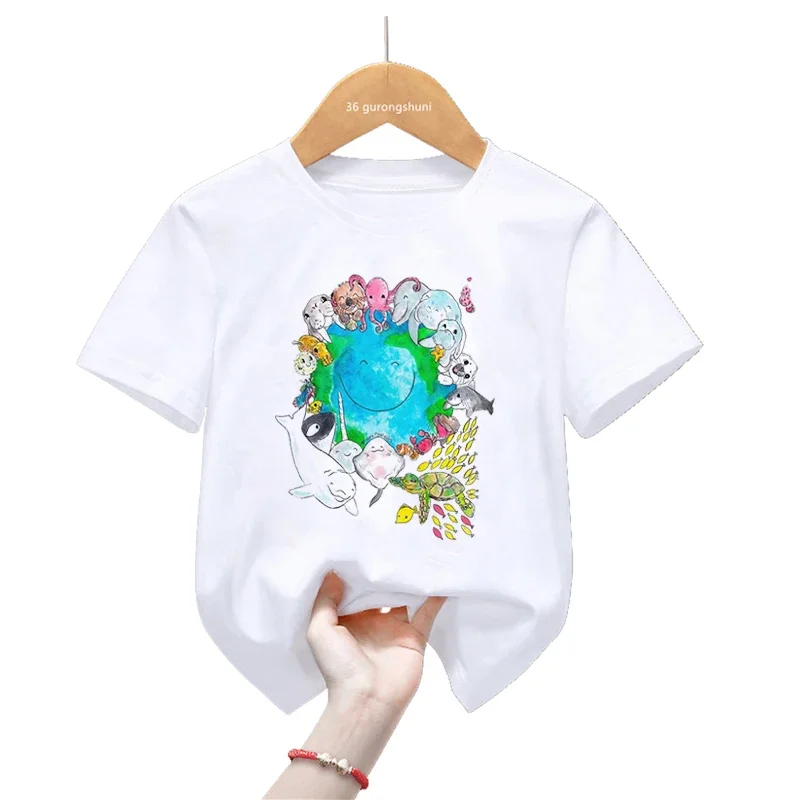 Harajuku Kawaii Kids Clothes Happy Ocean Planet Print T Shirt For Girls/Boys Funny Dolphin Turtle Tshirt Types Of Dogs T-Shirt