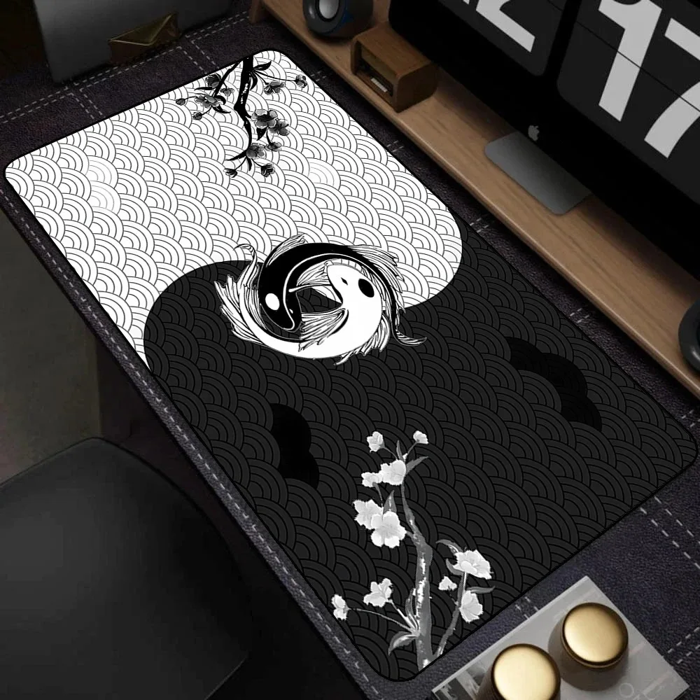 

Black White Japanese Koi Fish Desk Mat Yin Yang Sakura Mouse Pad Tablecloth Extended Keyboard Pad Zen Home Office Laptop Setup